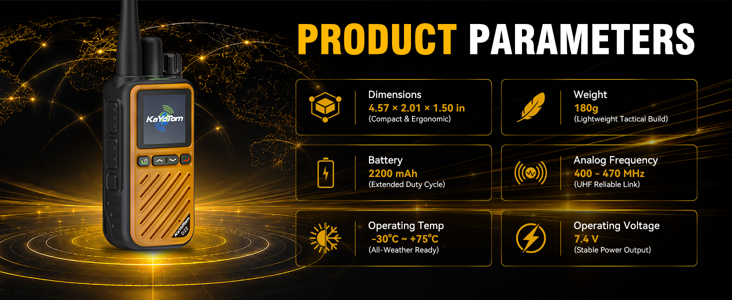 KaYoTom D22 Hybrid Dual-Mode Walkie-Talkie product parameters showcasing dimensions, weight, battery capacity, analog frequency range, operating temperature, and operating voltage.