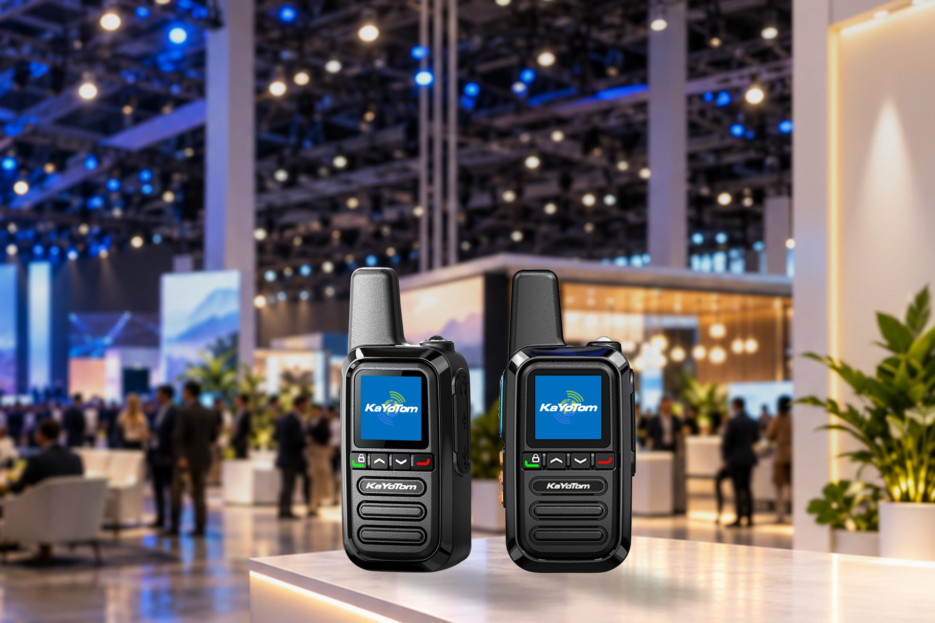 KayoTom G05 rugged dual two-way radios showcased on a display counter at a trade show and exhibition event