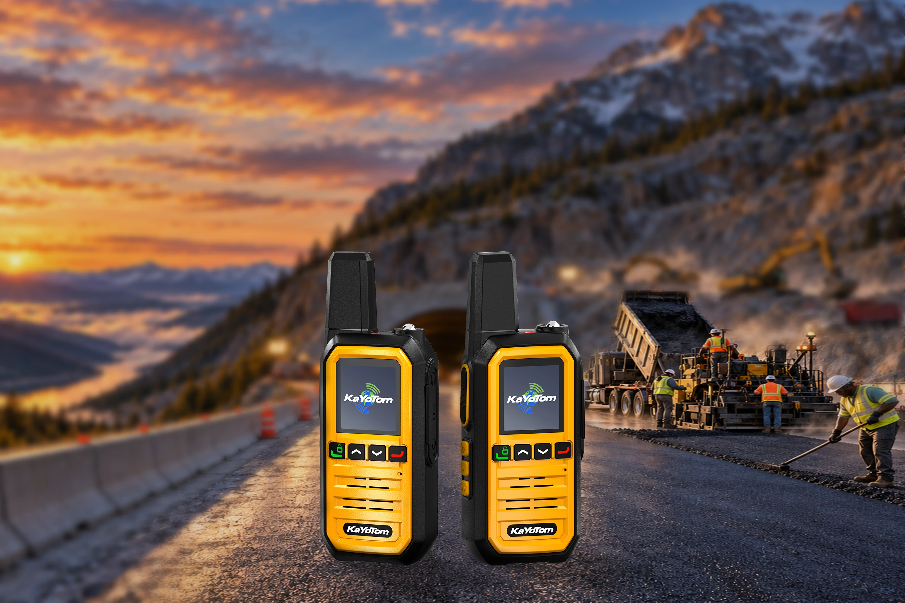 KayoTom G14 rugged dual two-way radios showcased against a road construction and heavy engineering site background