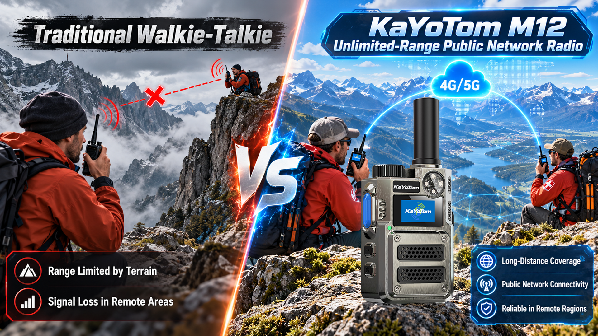 comparison of traditional two-way radio and KaYoTom M12 unlimited range radio