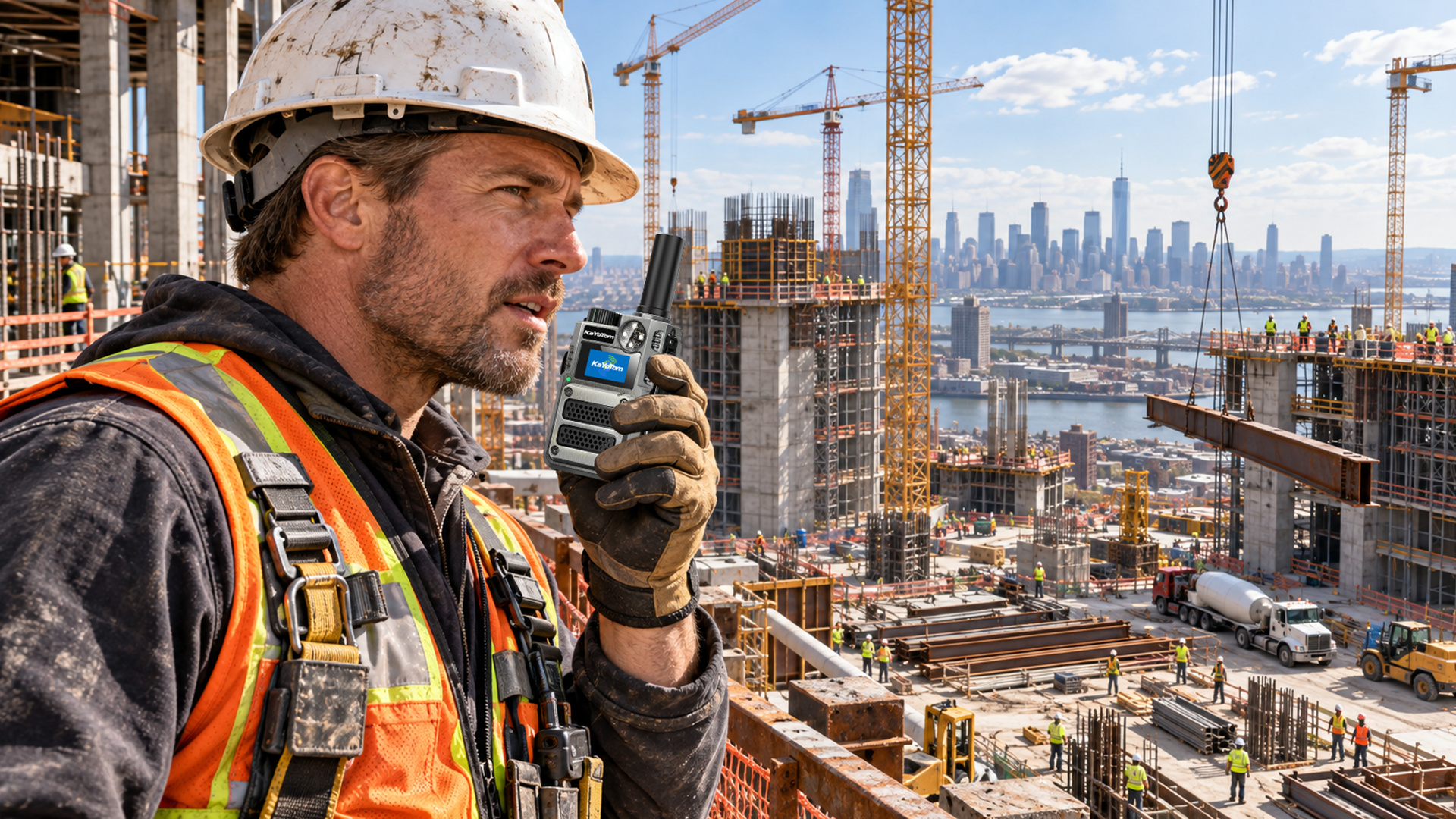 Heavy-duty KaYoTom M12 walkie talkie on a construction site with unlimited range coverage