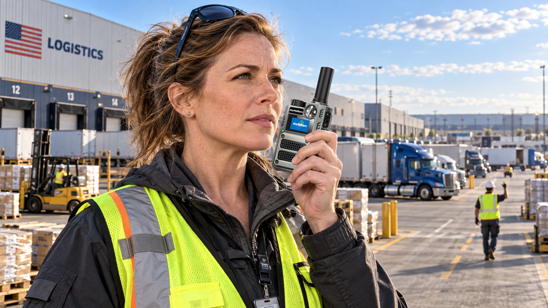 Kayotom M12 Global Walkie Talkie long-range walkie talkie used by a long-haul driver during logistics transport