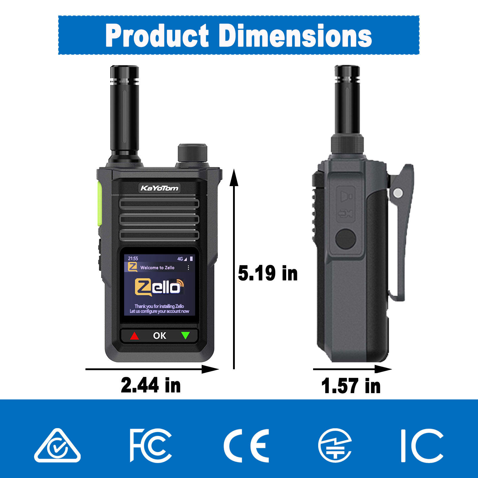 KaYoTom M15 Zello POC Global Encrypted Walkie Talkie Unlimited Range - IP68 waterproof, GPS tracking, 7-Day Battery, WiFi & Bluetooth