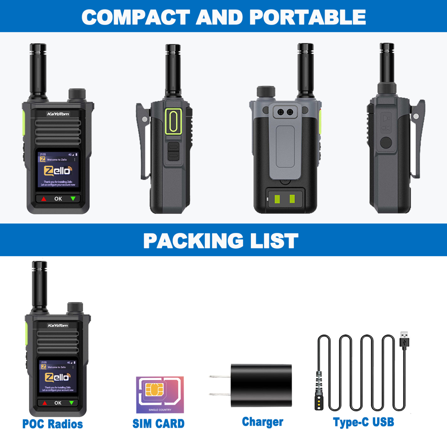 KaYoTom M15 Zello POC Global Encrypted Walkie Talkie Unlimited Range - IP68 waterproof, GPS tracking, 7-Day Battery, WiFi & Bluetooth