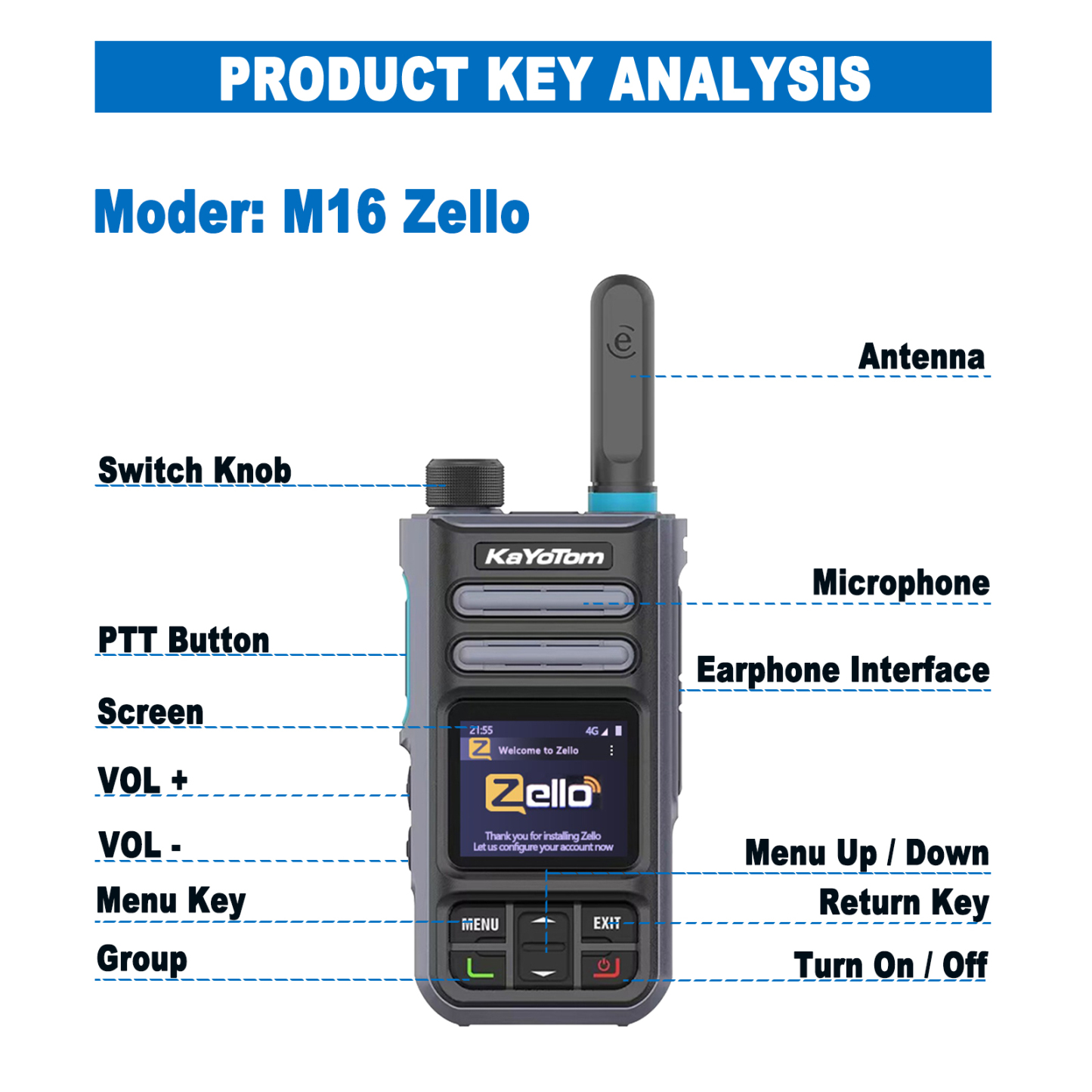 KaYoTom M16 Zello POC Global Encrypted Walkie Talkie Unlimited Range - IP67 waterproof, GPS tracking, WiFi & Bluetooth, 72H Battery, 172 Countries Coverage