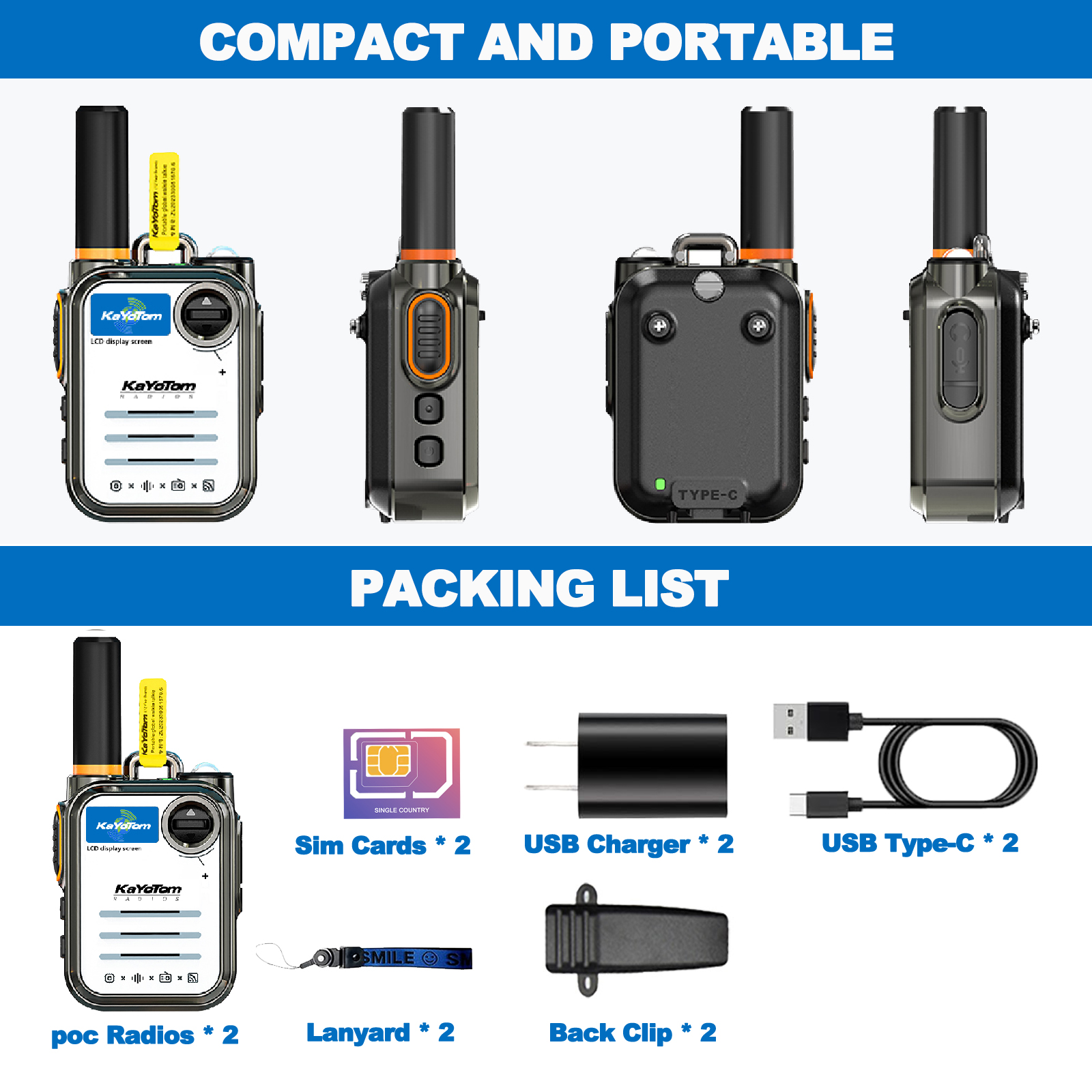 KaYoTom M22 Global Walkie Talkie Unlimited Range Encrypted Two-Way Radio - 72H Battery, Lightweight & LED Flashlight, 172 Countries Coverage