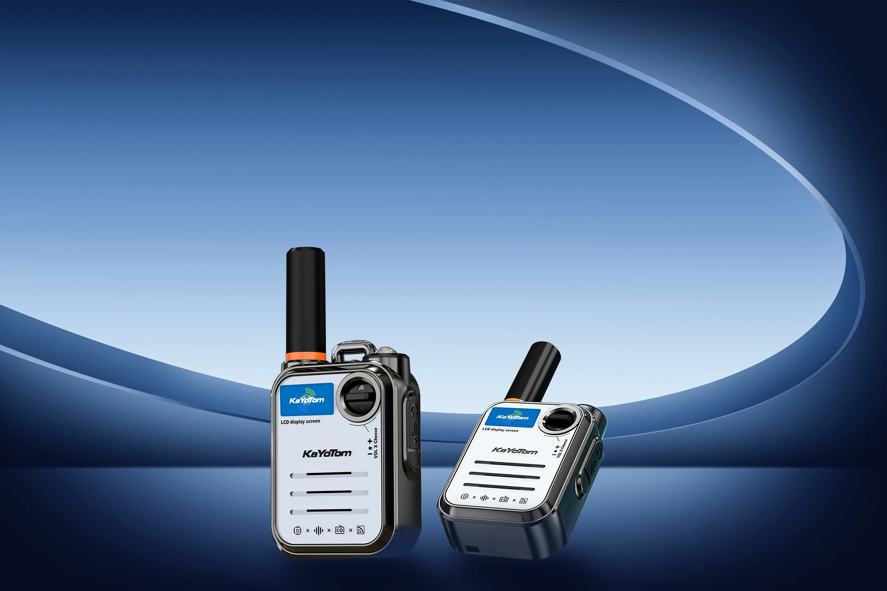 KayoTom M22 professional dual two-way radios showcased against a sleek blue futuristic studio background