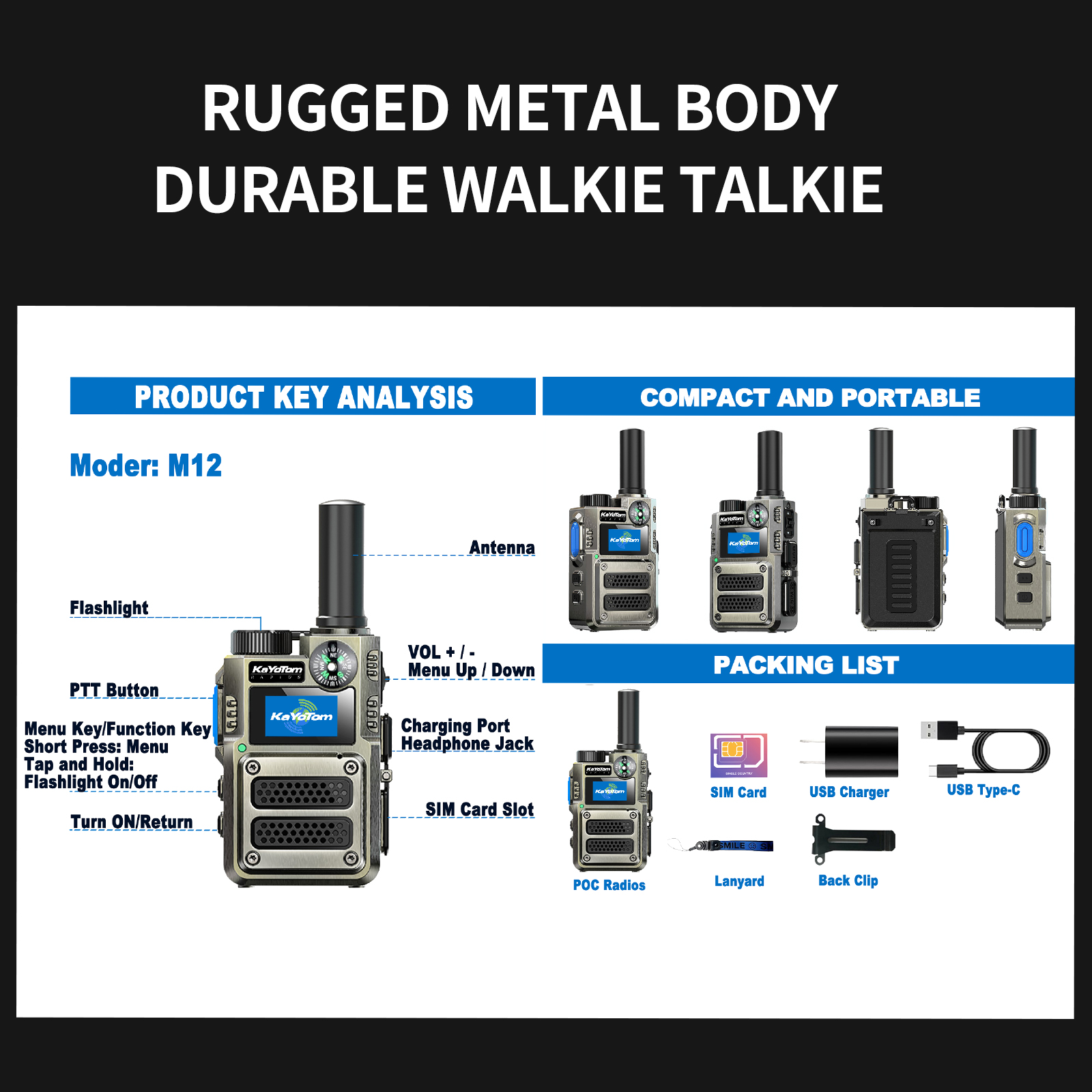 KaYoTom M12 Global Walkie Talkie Unlimited Range Encrypted Two-Way Radio - Compass, 72H Battery, HD Audio, Lightweight & LED Flashlight, 172 Countries Coverage