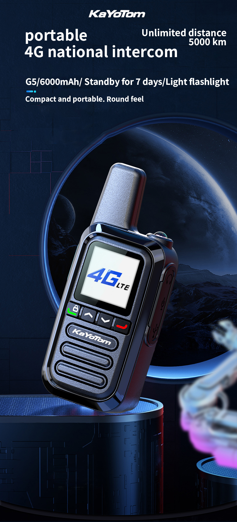 KaYoTom G05 Global PTT Walkie Talkie - 5000 Miles Range, Built-in SIM, 200 Channels, Instant Use & LED Illumination