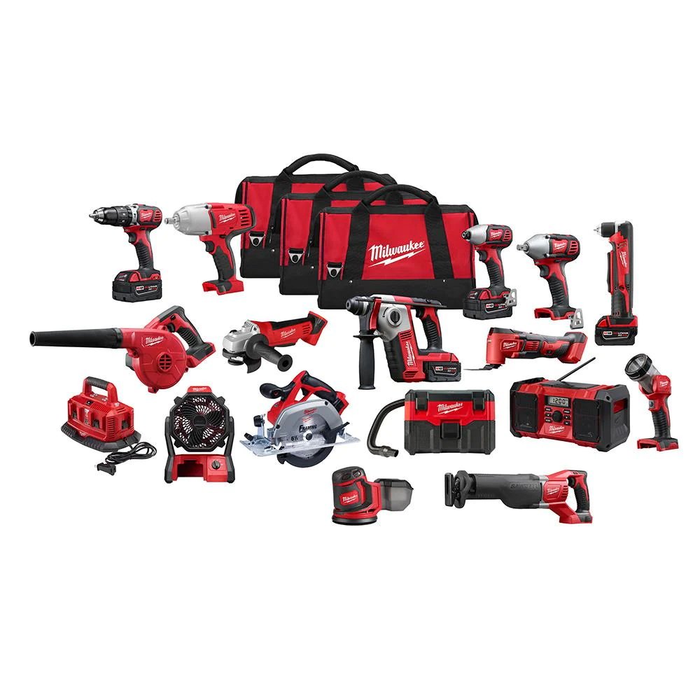 Milwaukee M18 18-Volt Lithium-Ion Cordless Combo Tool Kit (16-Tool) with Four 3.0 Ah Batteries, 1-Charger, 3-Tool Bag