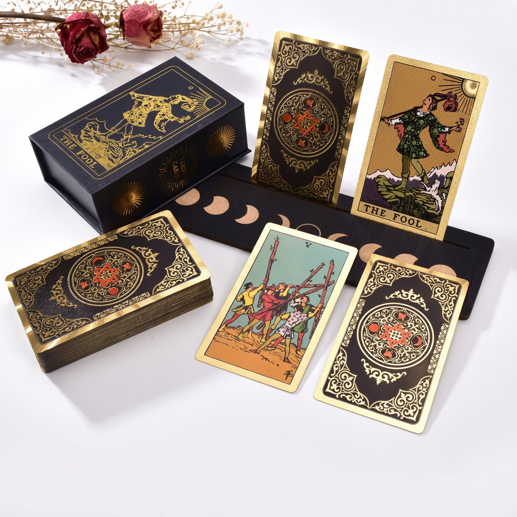 Black Gold Hexagram Rider Gold Foil Tarot Deck – 78 Pcs Waterproof Scratch-Resistant Tarot Cards In Rigid Gift Box