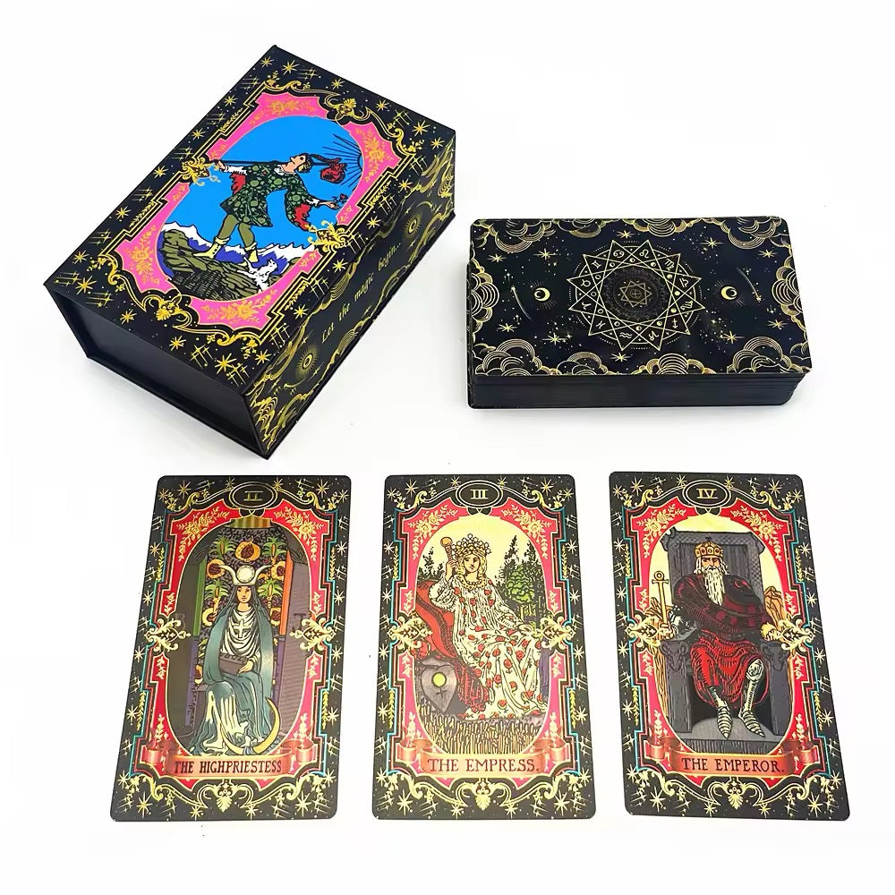 Waterproof Black Gold Foil Tarot Deck - 78 Classic PVC Tarot Cards with Zodiac & Floral Starry Mandala Design