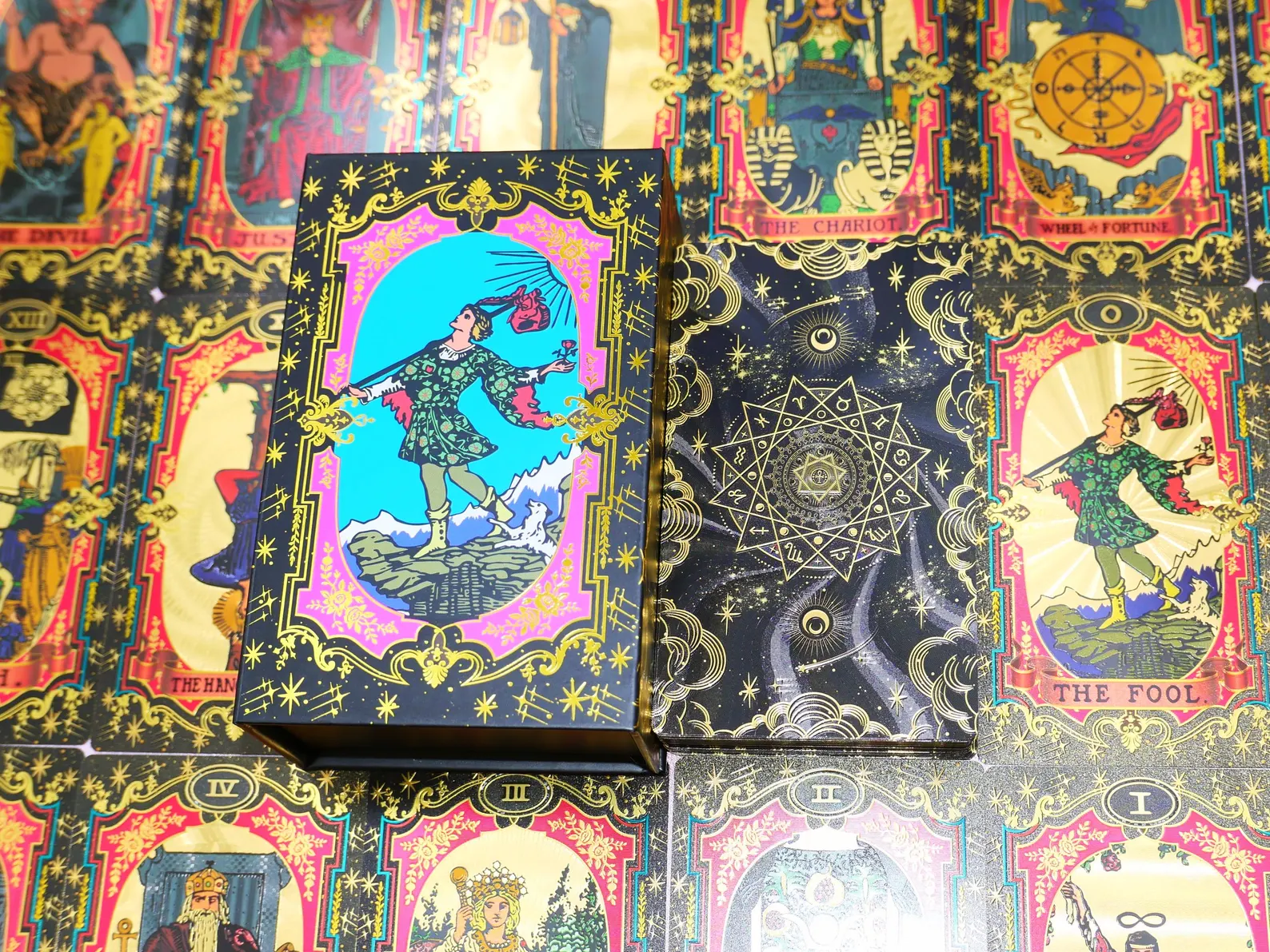 Waterproof Black Gold Foil Tarot Deck - 78 Classic PVC Tarot Cards with Zodiac & Floral Starry Mandala Design - Durable Rider-Waite Set for Beginners & Pros - Luxury Washable Divination