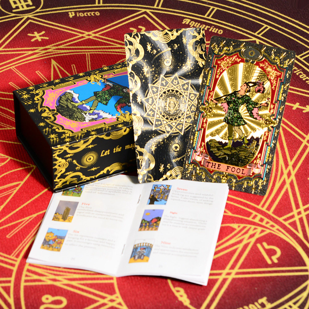 Factory Direct Hot-Selling Genuine 12 Star Palace Black Gold Star Language Gold Foil Waite Tarot Cards Exclusive for Cross-Border E-commerce
