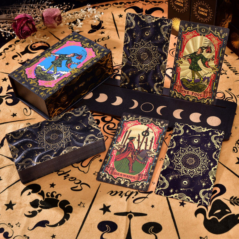 Factory Direct Hot-Selling Genuine 12 Star Palace Black Gold Star Language Gold Foil Waite Tarot Cards Exclusive for Cross-Border E-commerce