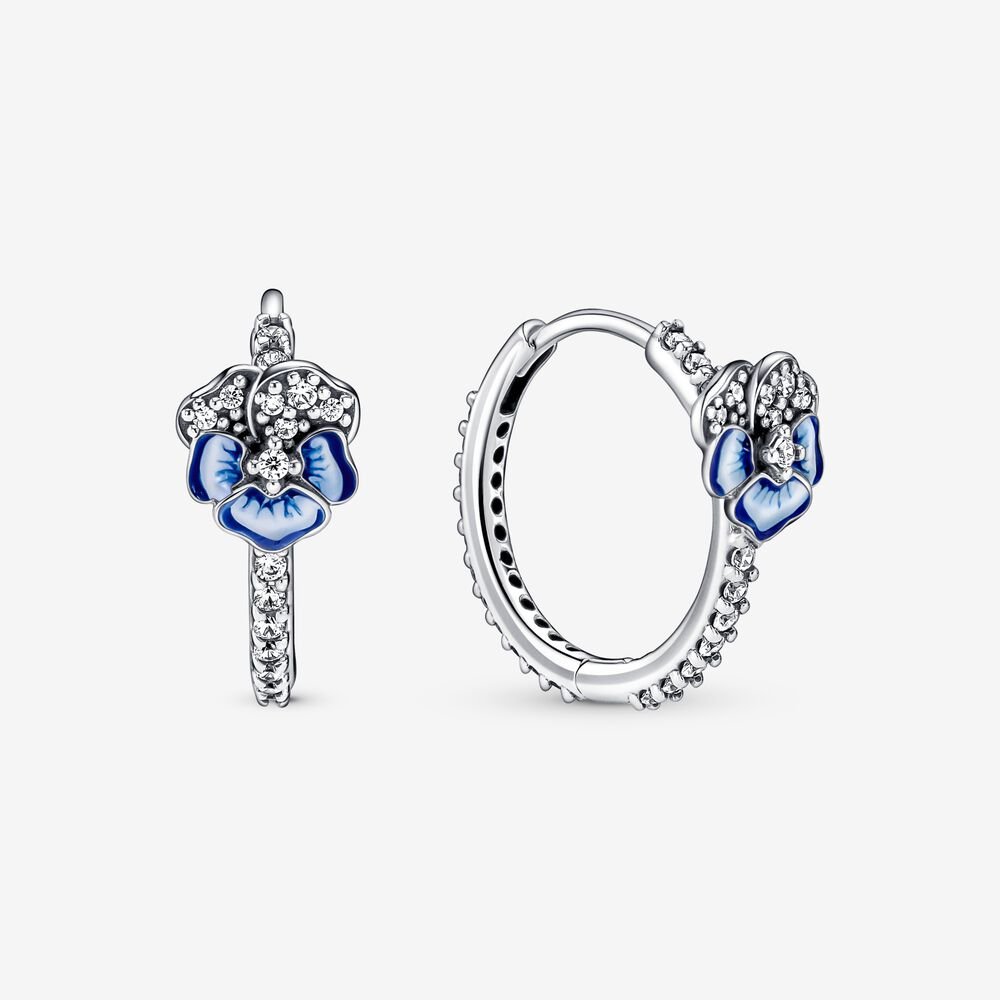 Blue Pansy Flower Hoop Earrings-JewelrYowns