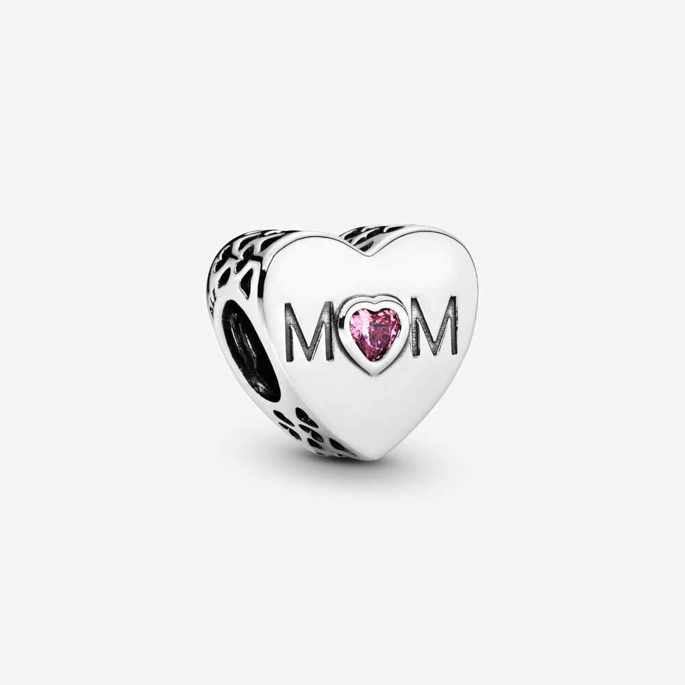 Mom Heart Charm - Pink, Sterling Silver-JewelrYowns
