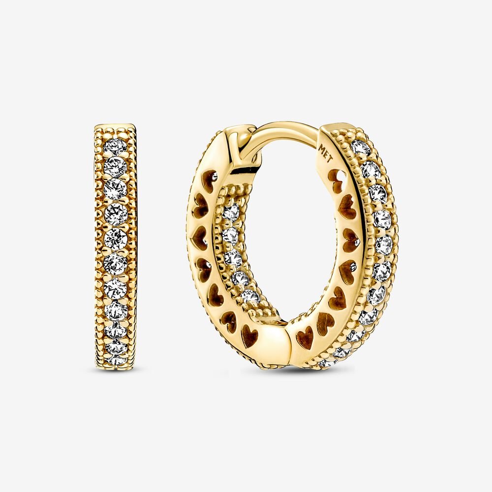 Gold Plated Pave Heart Hoop Earrings-JewelrYowns