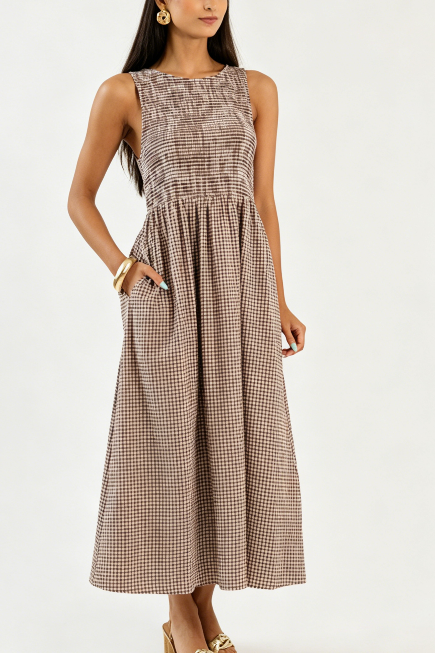 Smocked Gingham Midi