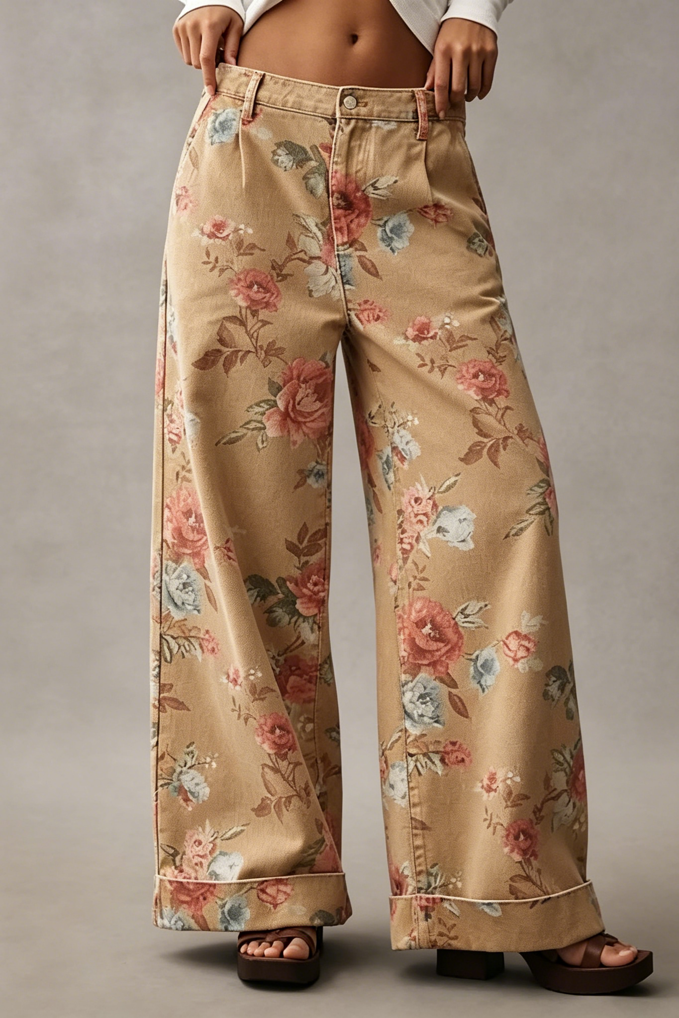 Floral Wide-Leg Cuffed Jeans