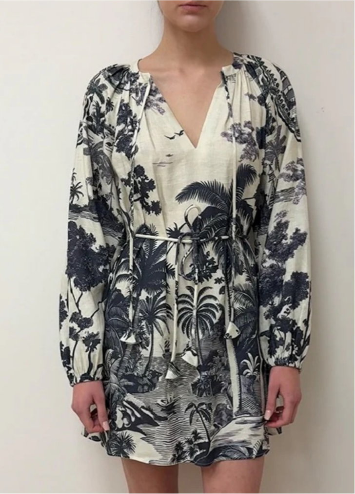 Tropical Toile Tie-Waist Mini Dress