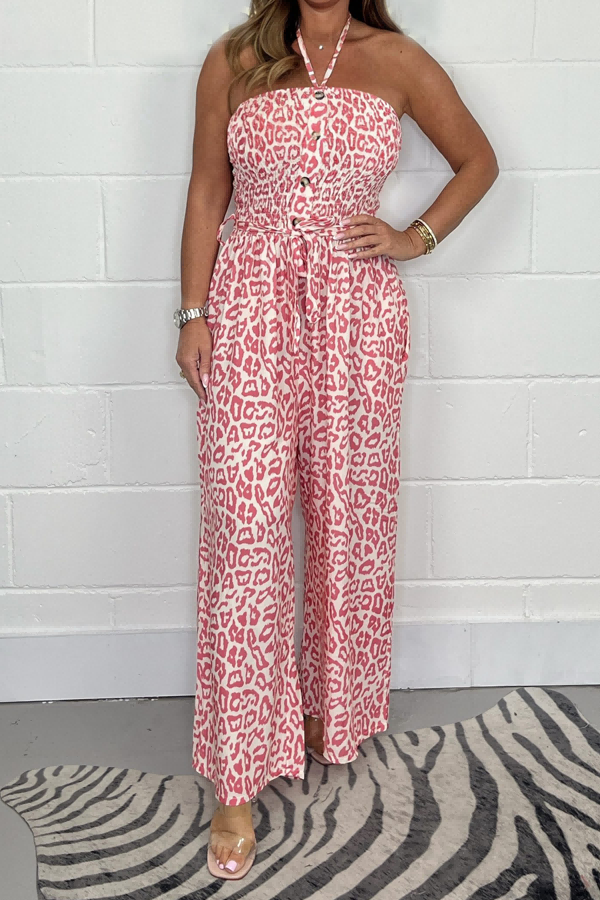 Leopard Print Button Up Bardot Jumpsuit