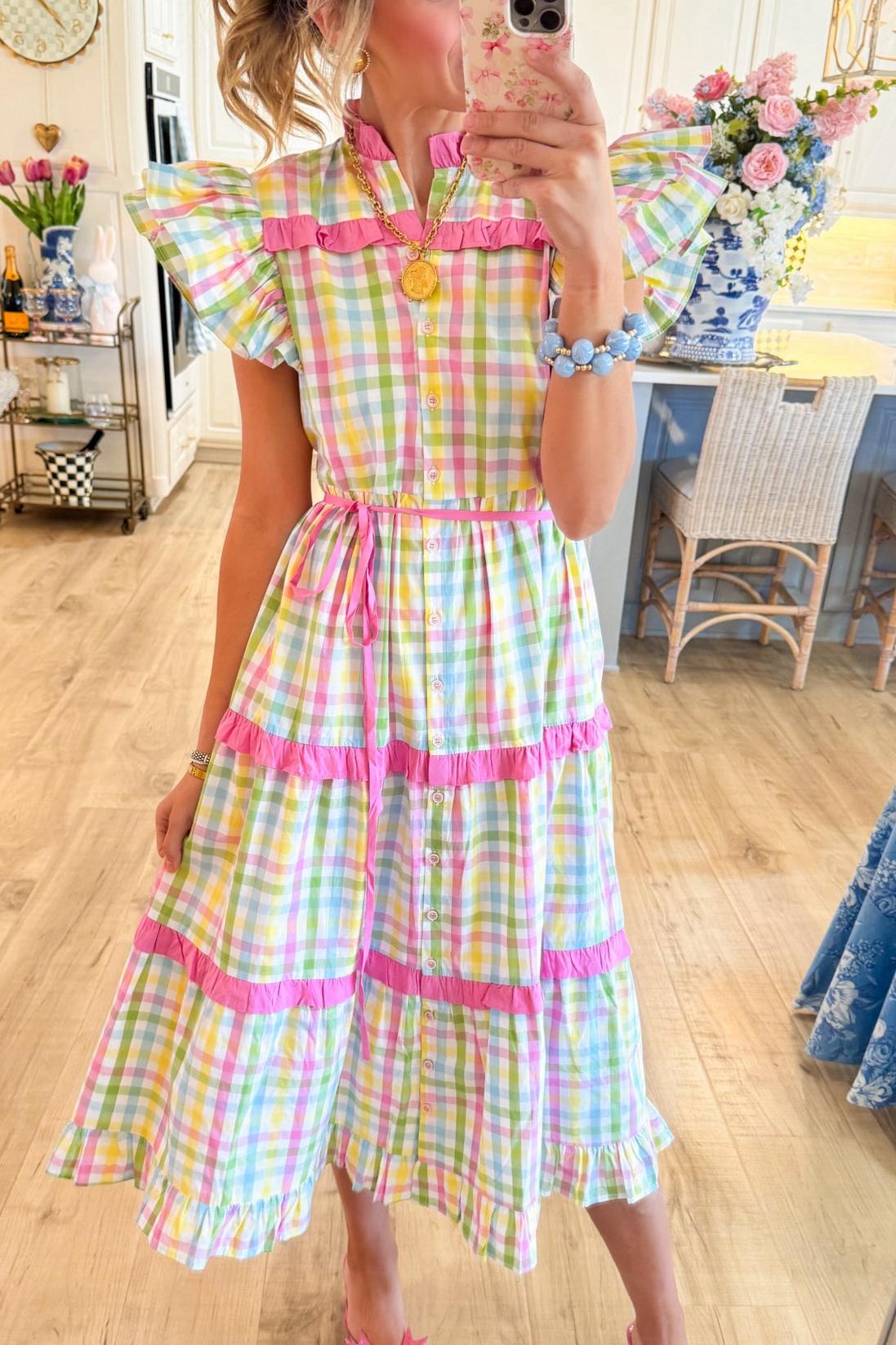 Pastel Plaid Flutter Sleeve Maxi Dress