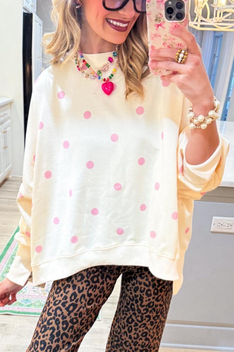 Ivory and Pink Polka Dot French Terry Oversized Sweatshirt