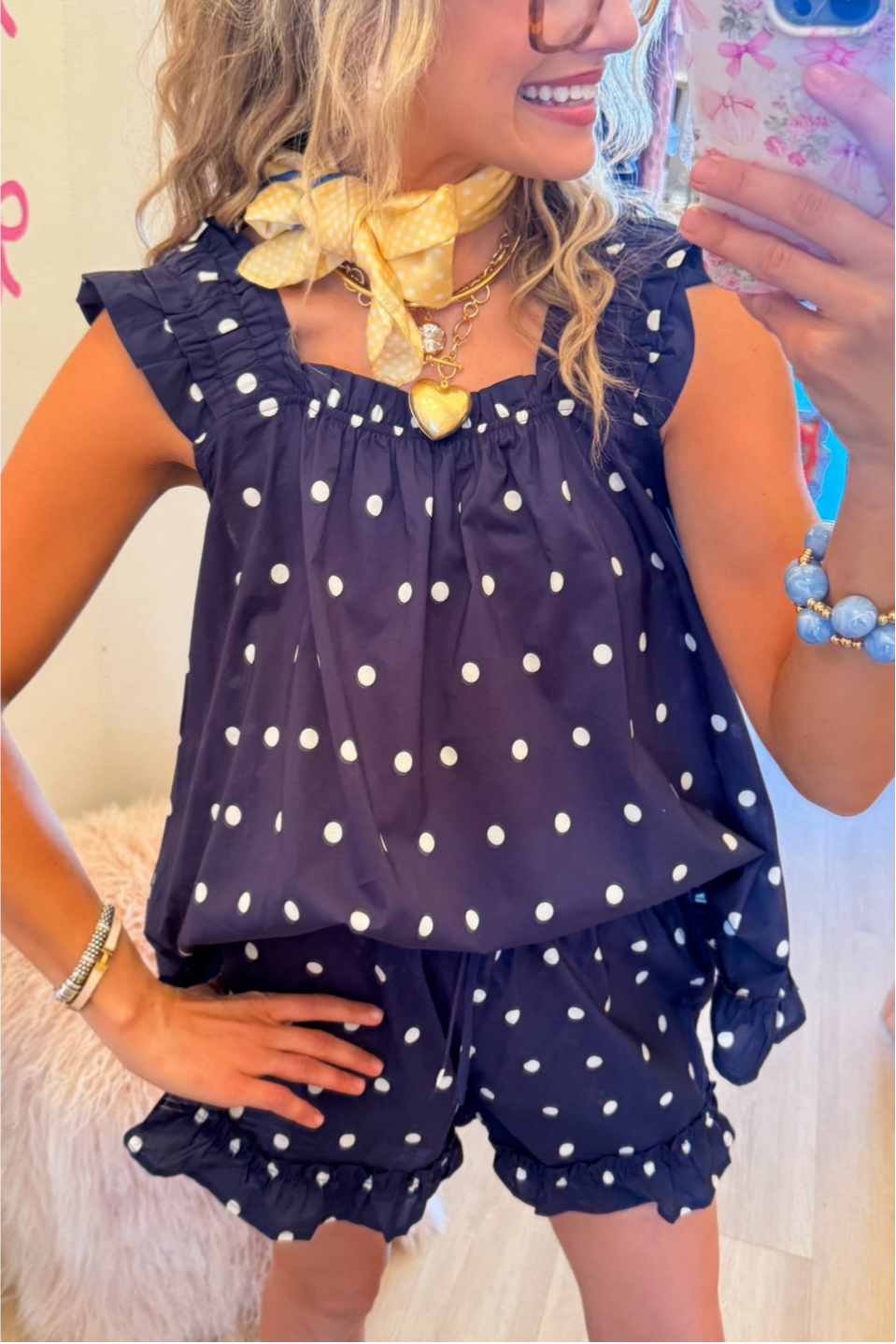 Navy Polka Dot Ruffle Hem Short Set
