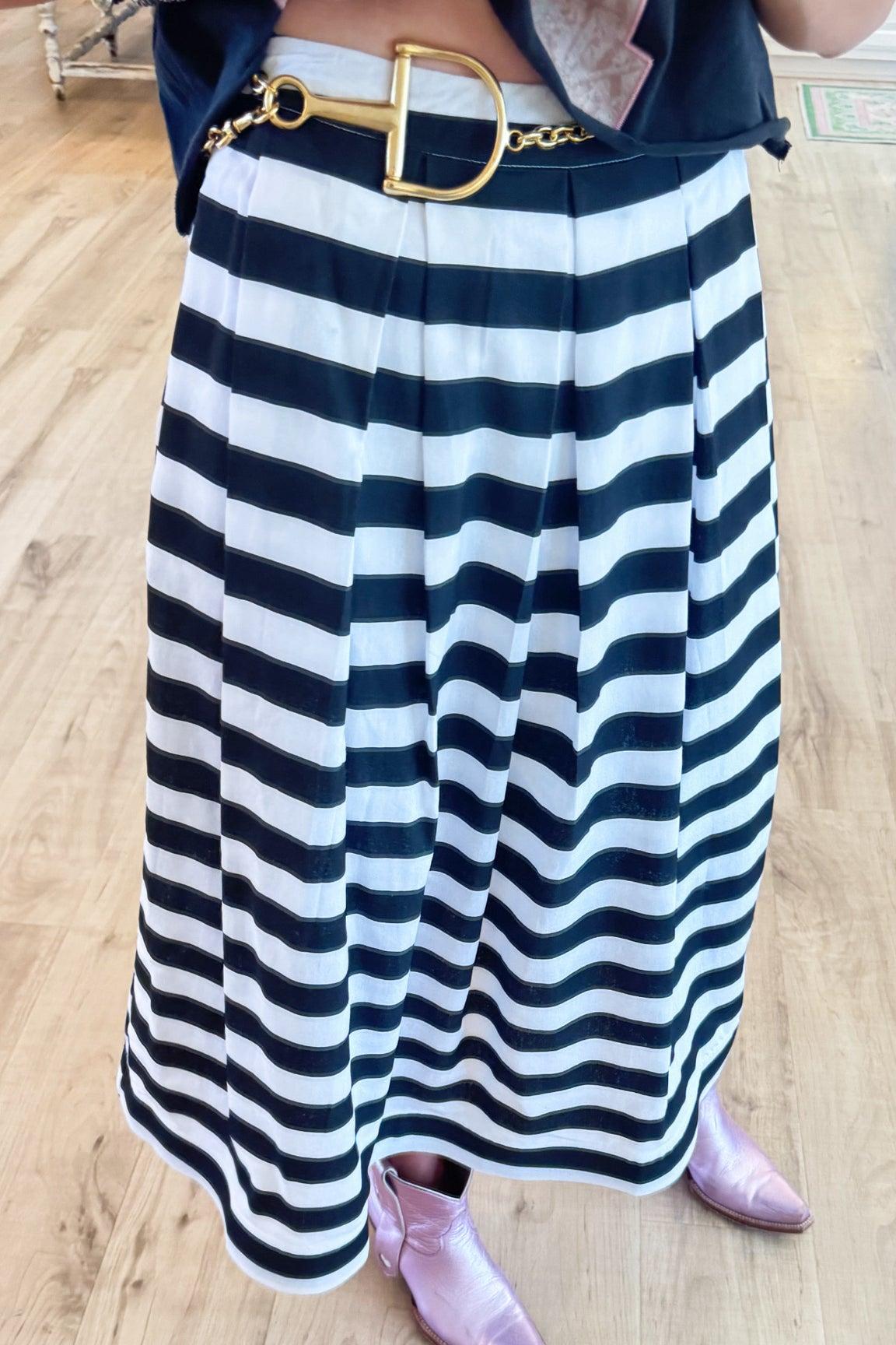 Black and White Stripe Pleated Skirt