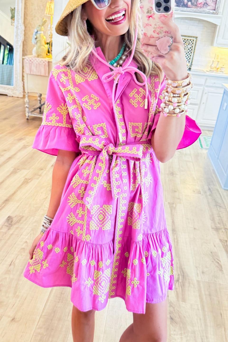  Pink Cross Stitched Mini Dress