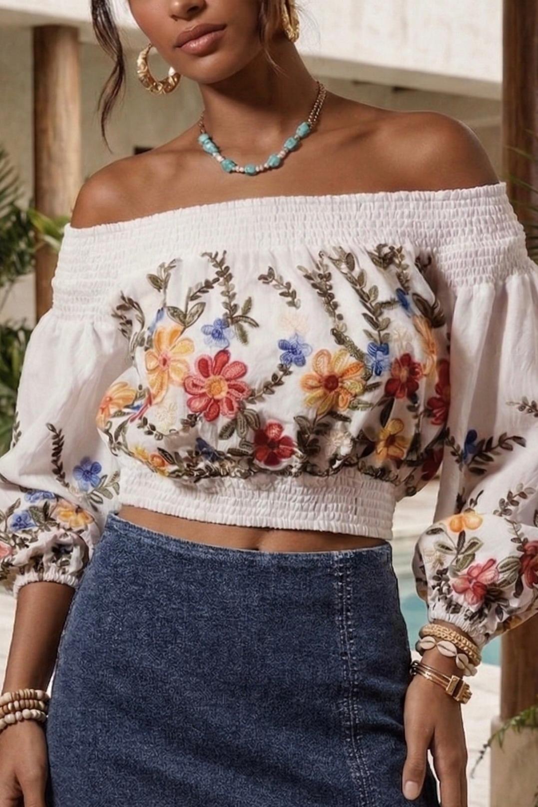 White Floral Embroidered Off-the-Shoulder Crop Top