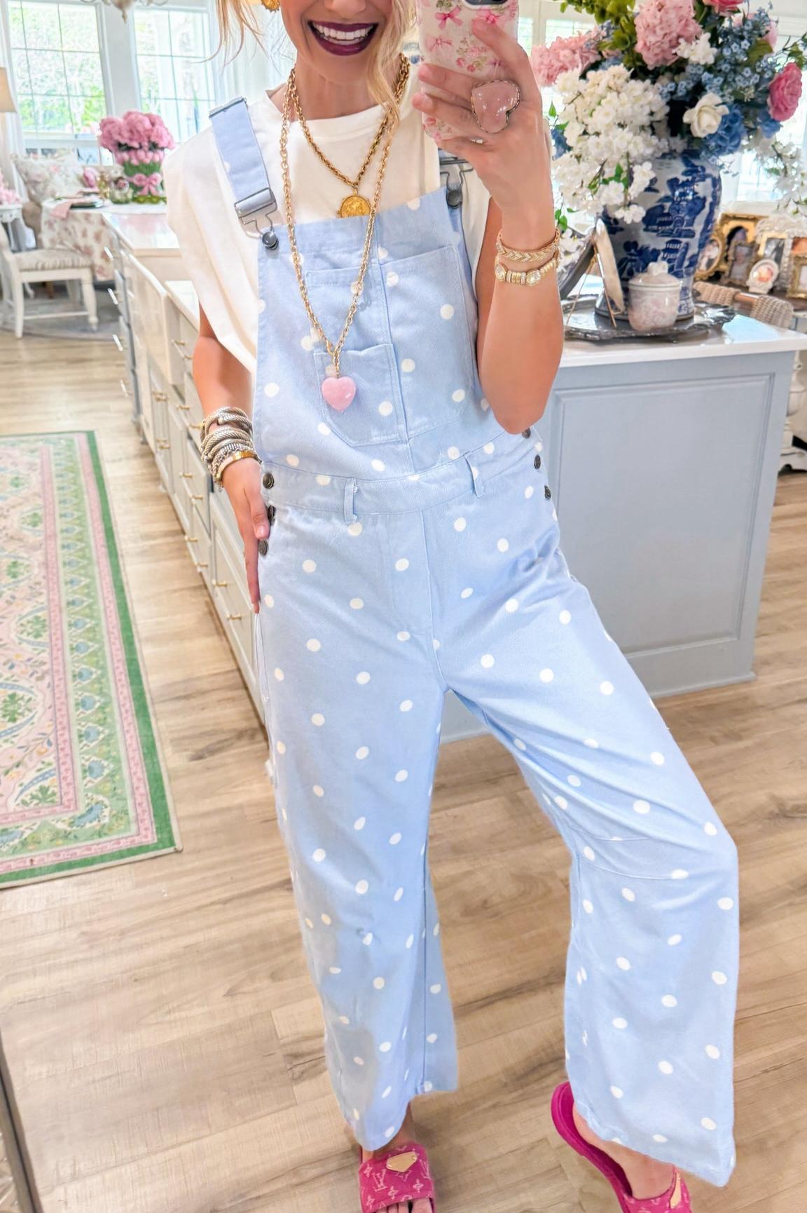 Light Blue Polka Dot Barrel Overalls