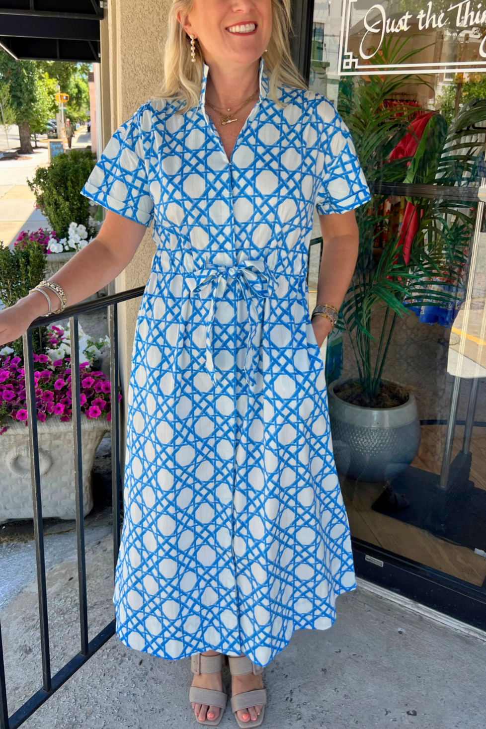 Cane Print Tie Waist Midi Shirt Dress