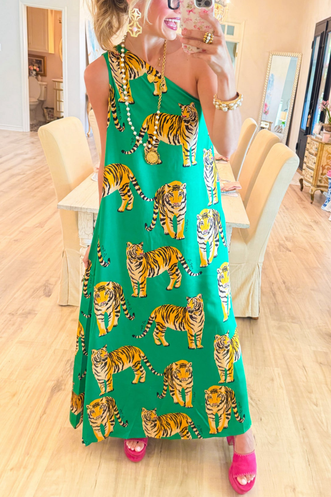 Green Tiger One Shoulder Dress