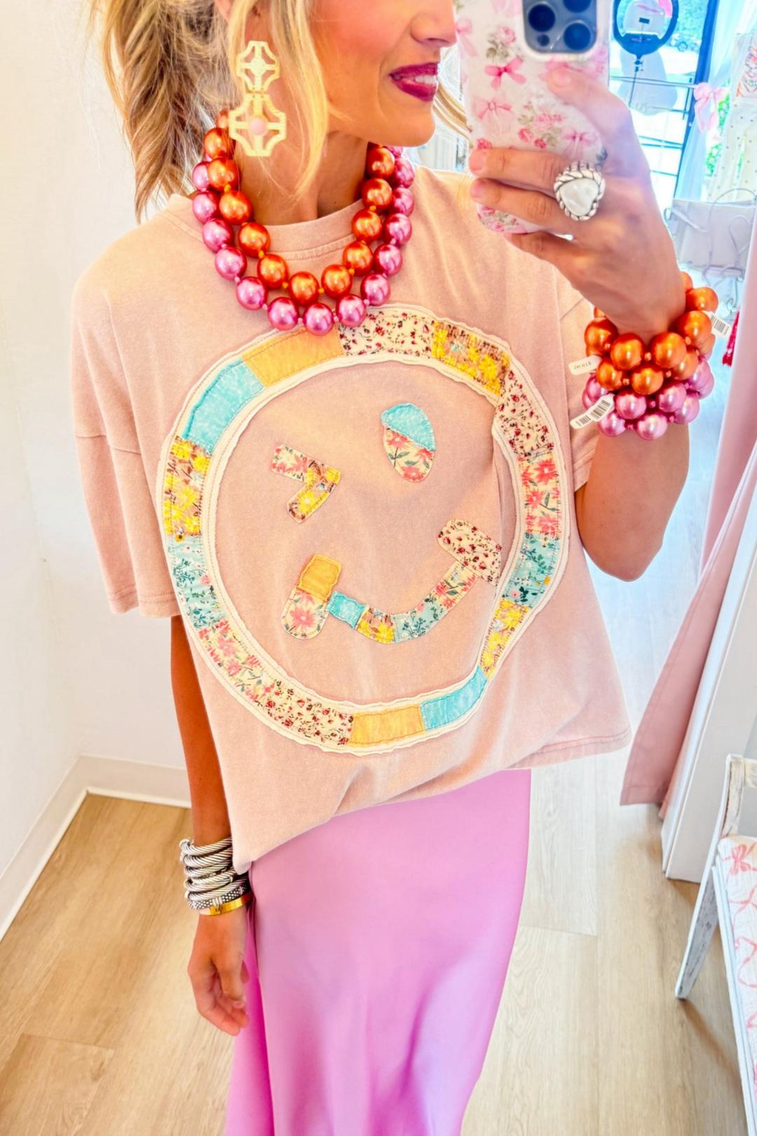 Mauve Smiley Boho Patchwork Tee