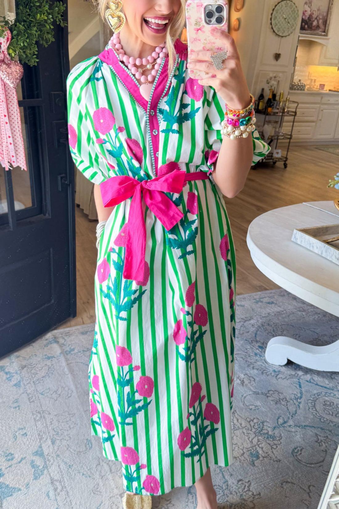 Green Mix Stripe Floral Maxi Dress