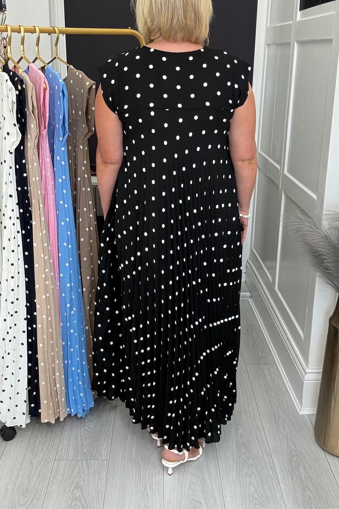Wrinkle-Resistant Polka Dot Pleated Pocket Midi Dress