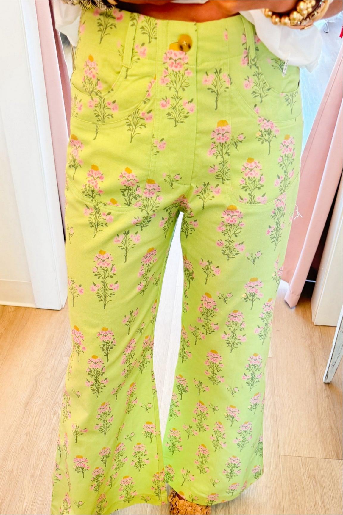 Lime Green Mix Floral Flare Pants