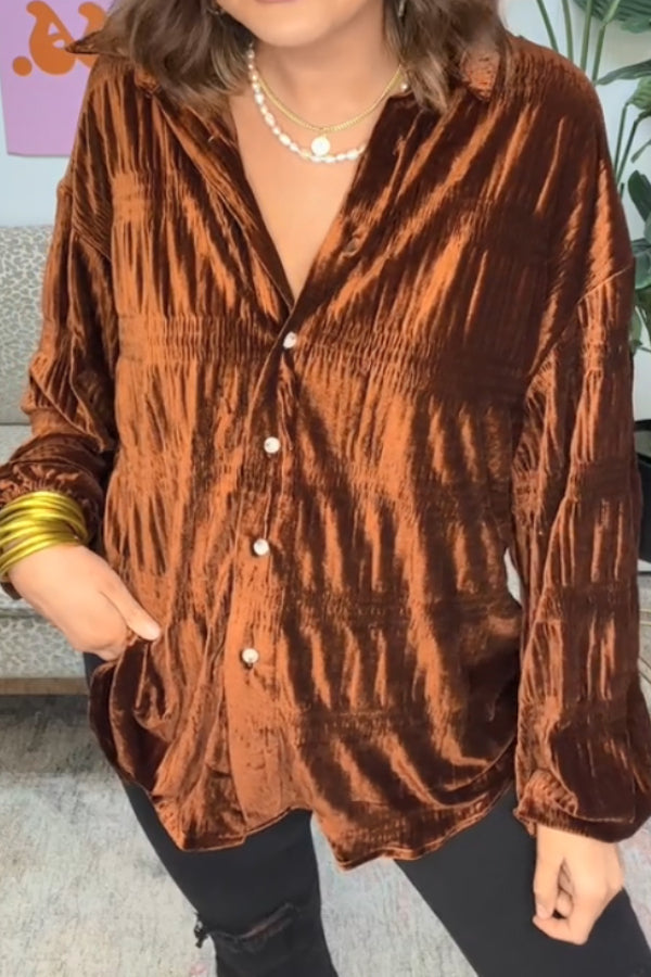Shirred Velvet Button Down Top