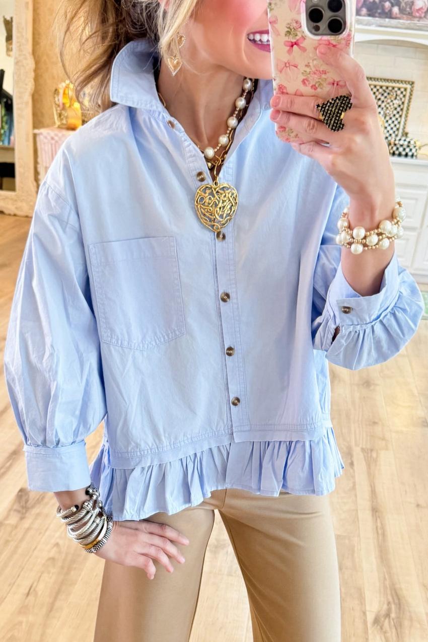  Blue Ruffle Hem Button Down Top