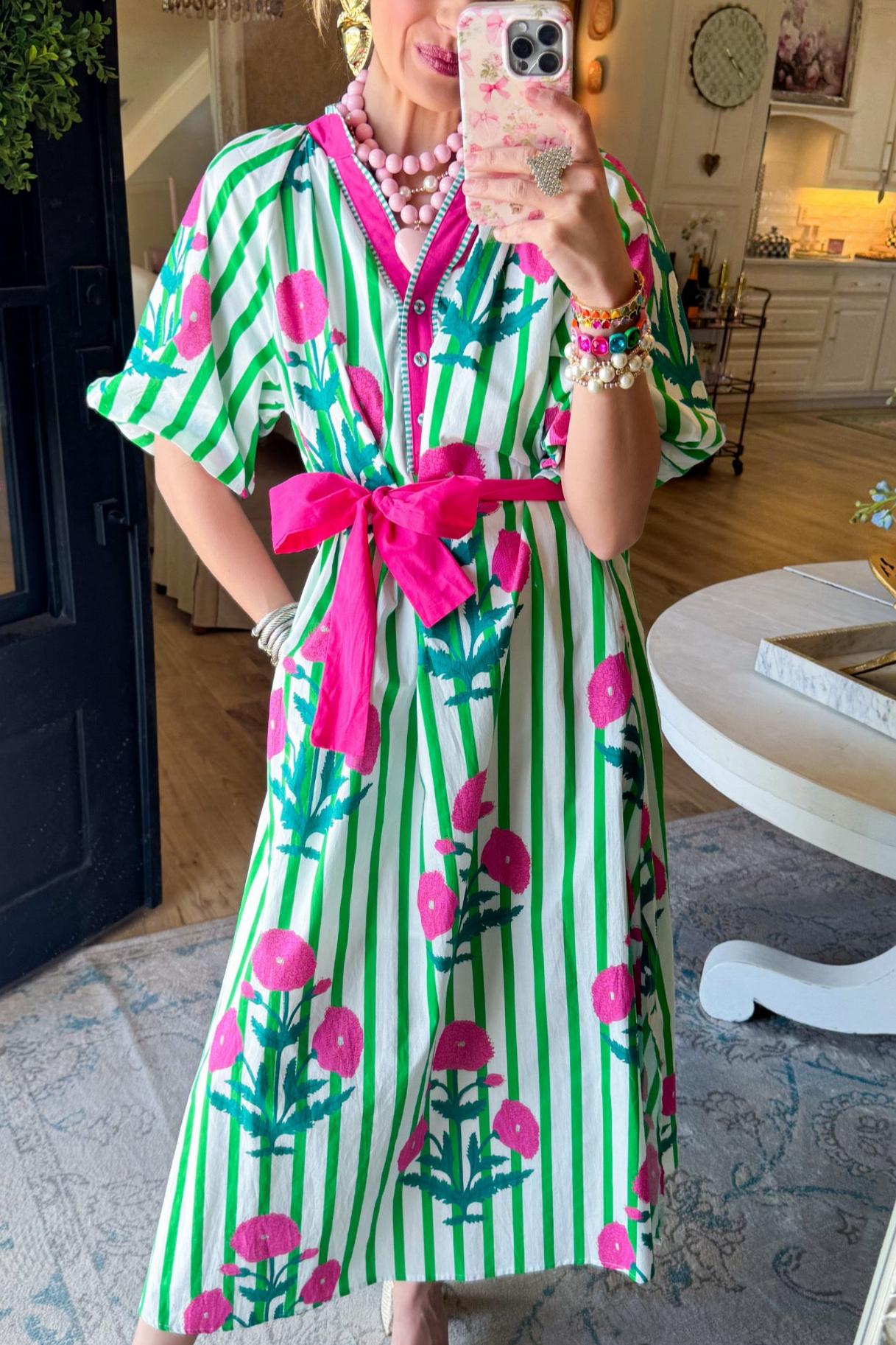 Green Mix Stripe Floral Maxi Dress