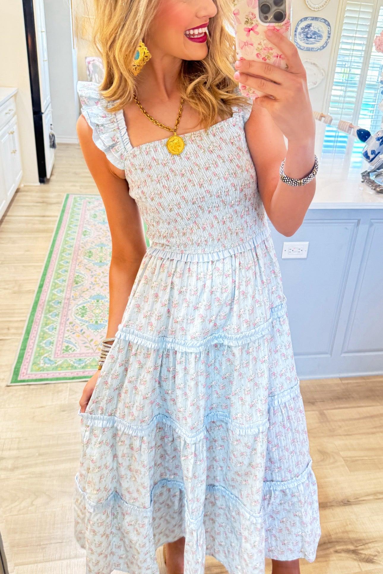 Light Blue Floral Smocked Maxi Dress