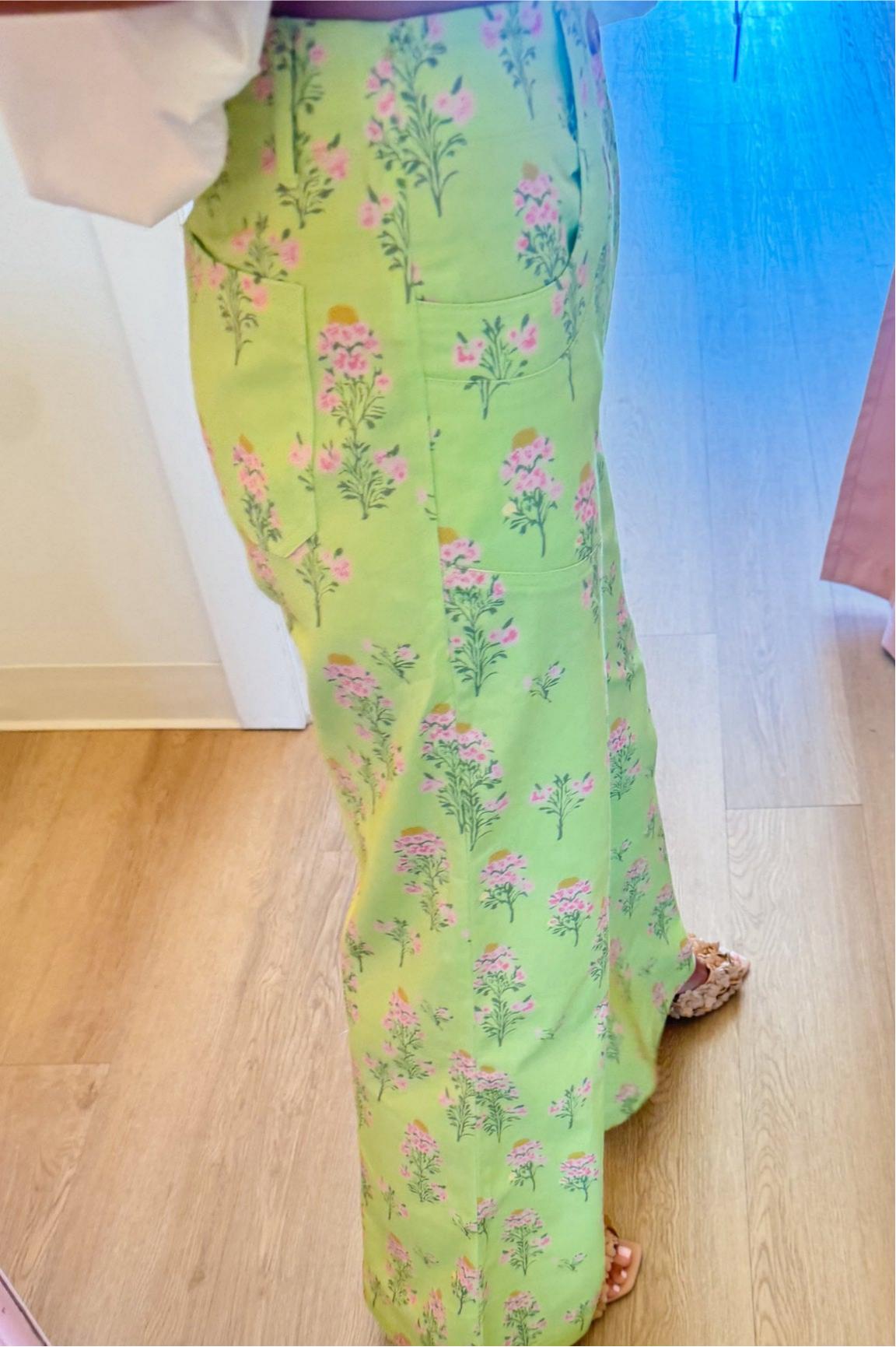 Lime Green Mix Floral Flare Pants