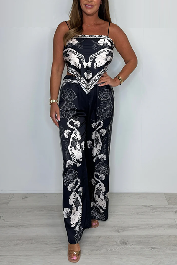 Satin Tiger Leaf Print Scarf Style Top & Trouser Co-Ord