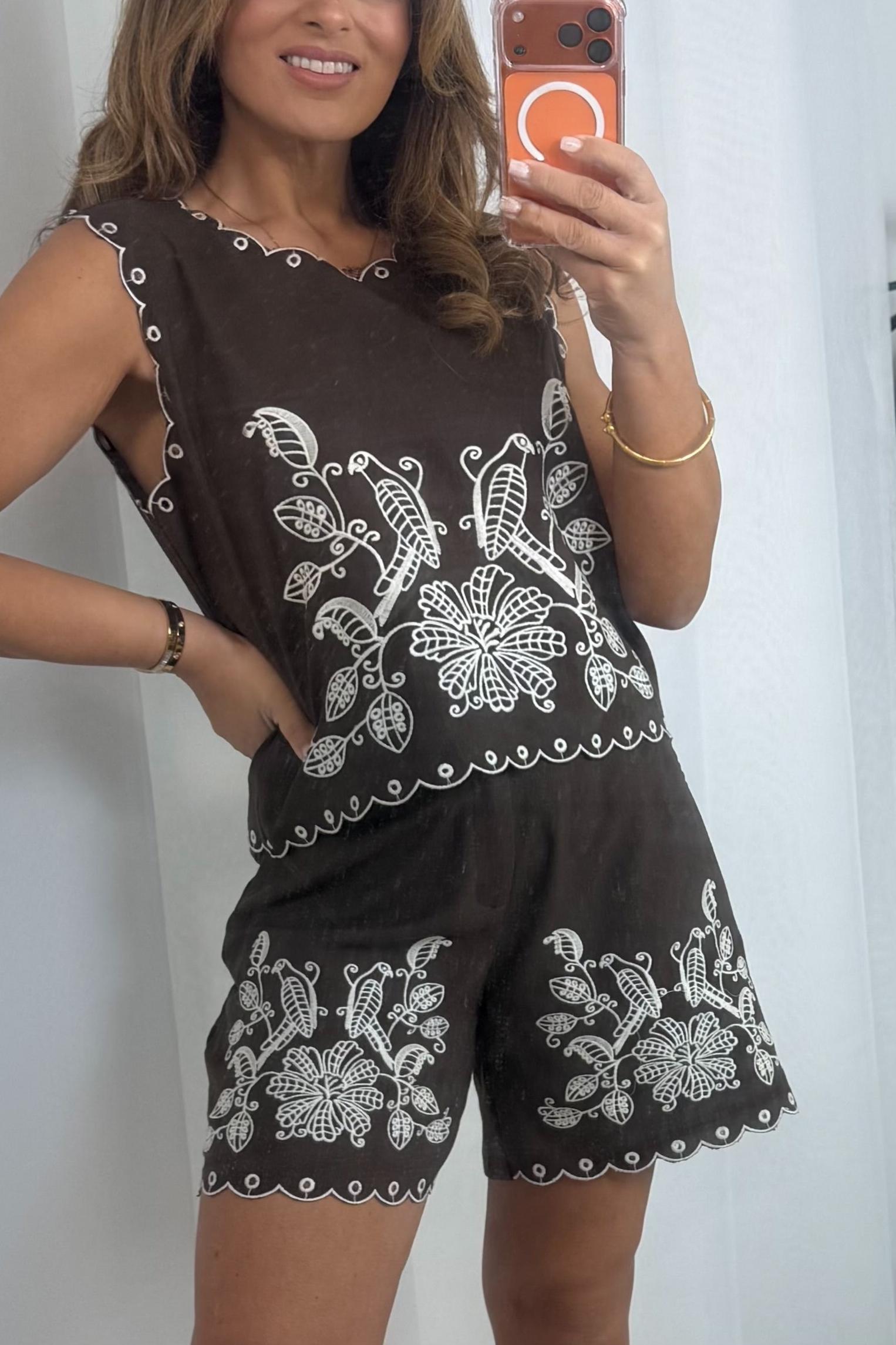 Brown Embroidered Top & Shorts Co-Ord