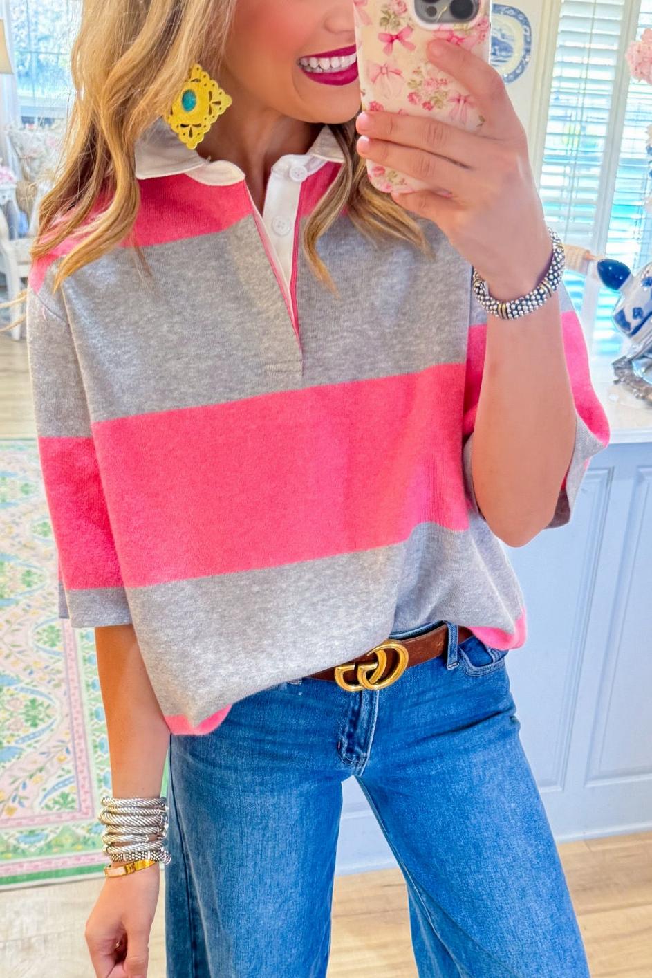 Pink and Grey Rugby Stripe Top