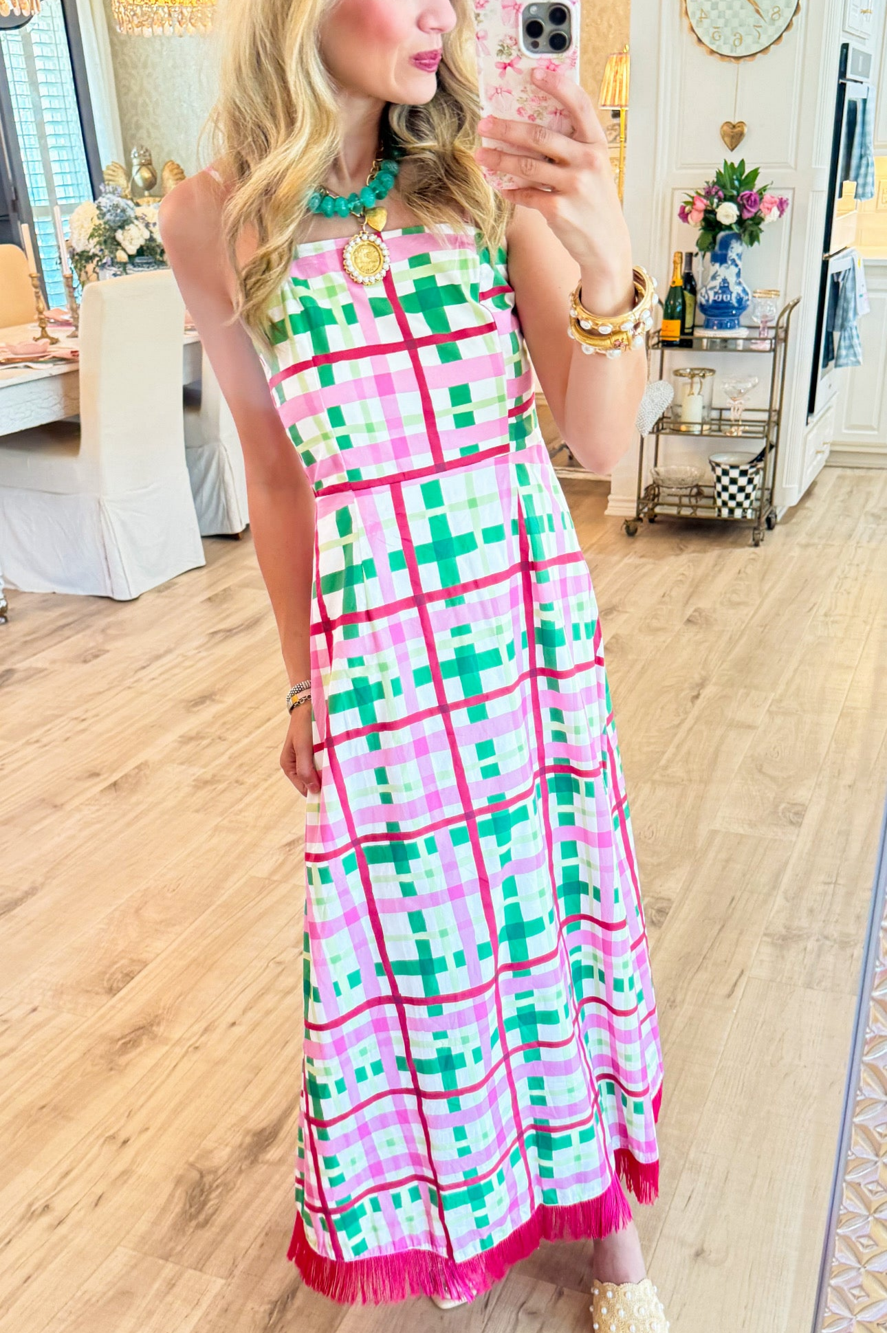 Multi Plaid Fringe Hem Maxi Dress