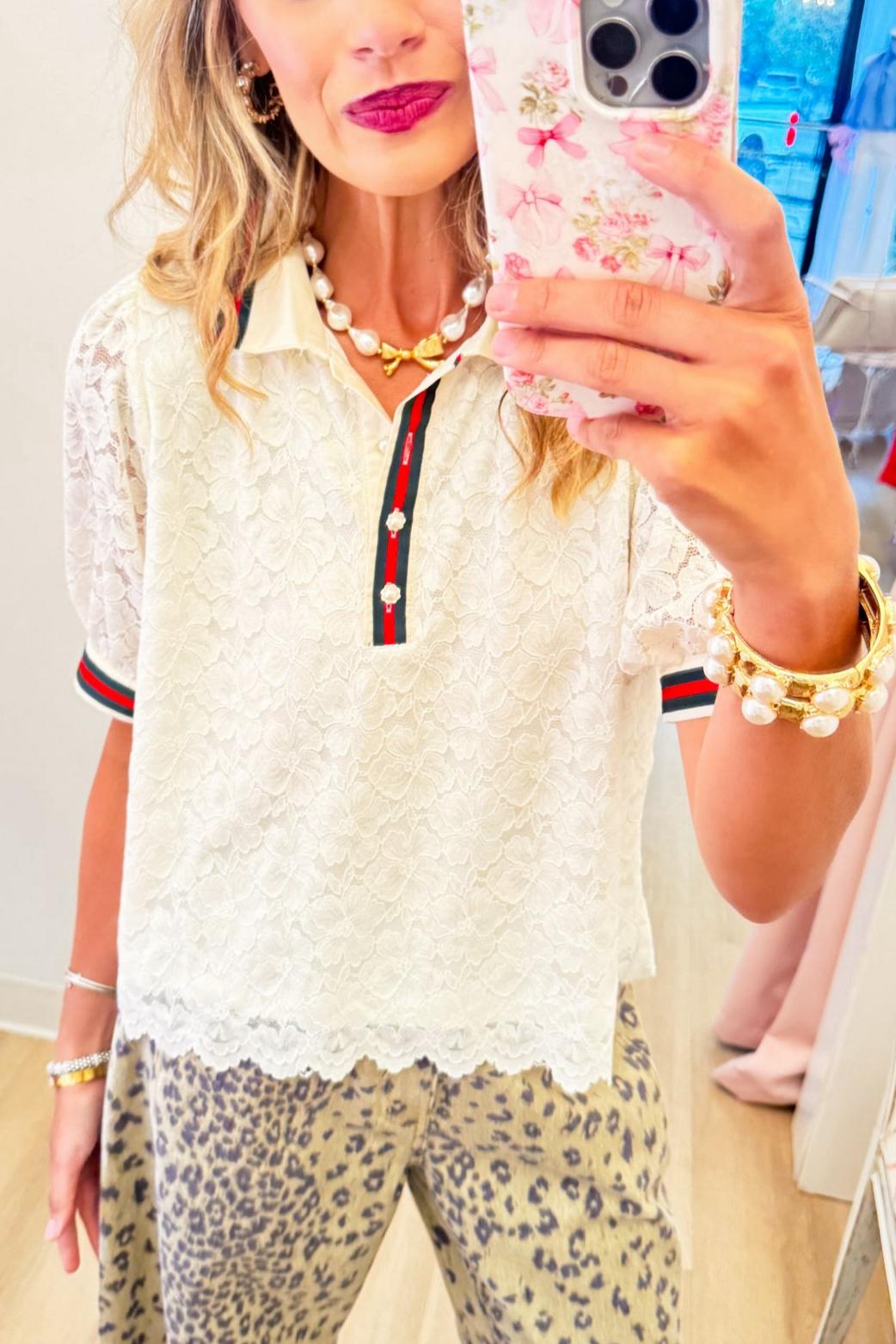 Off White Floral Lace Contrast Stripe Top
