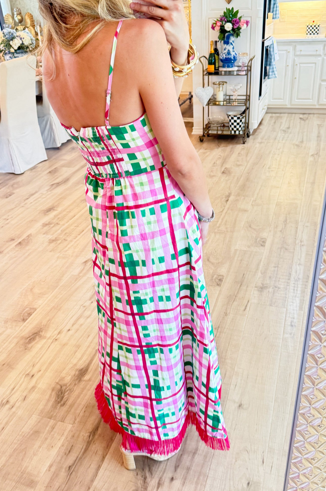 Multi Plaid Fringe Hem Maxi Dress